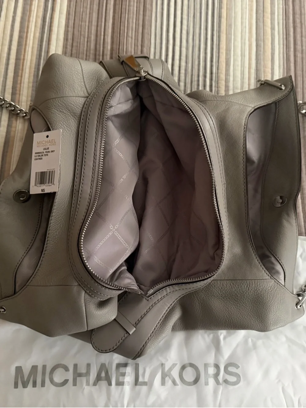 Michael Kors Slate Gray Pebbled Leather Shoulder Tote with Chain Straps - Picture 4 of 5